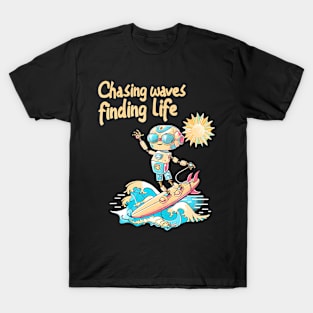 Chasing Waves Finding Surfing Robot Adventure Summer T-Shirt